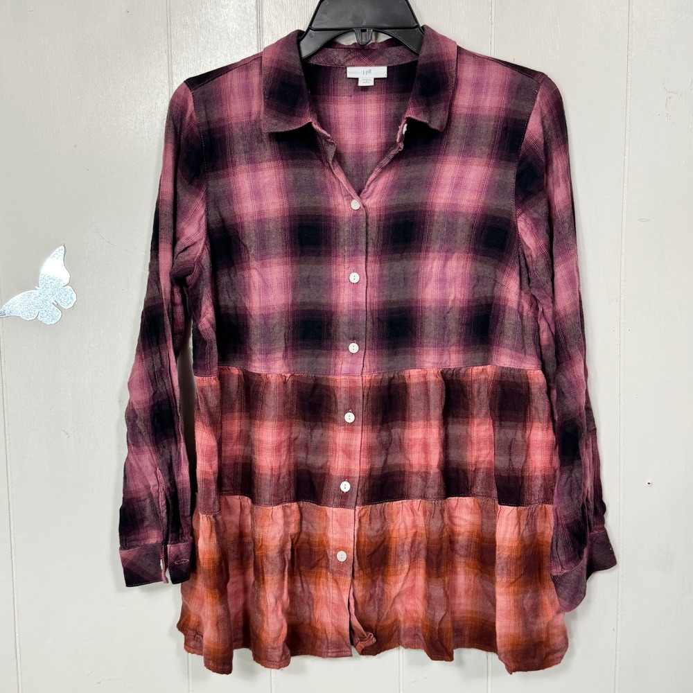 J Jill Petite Flannel Plaid Tiered Tunic Top Pink Black Long Sleeve Blouse